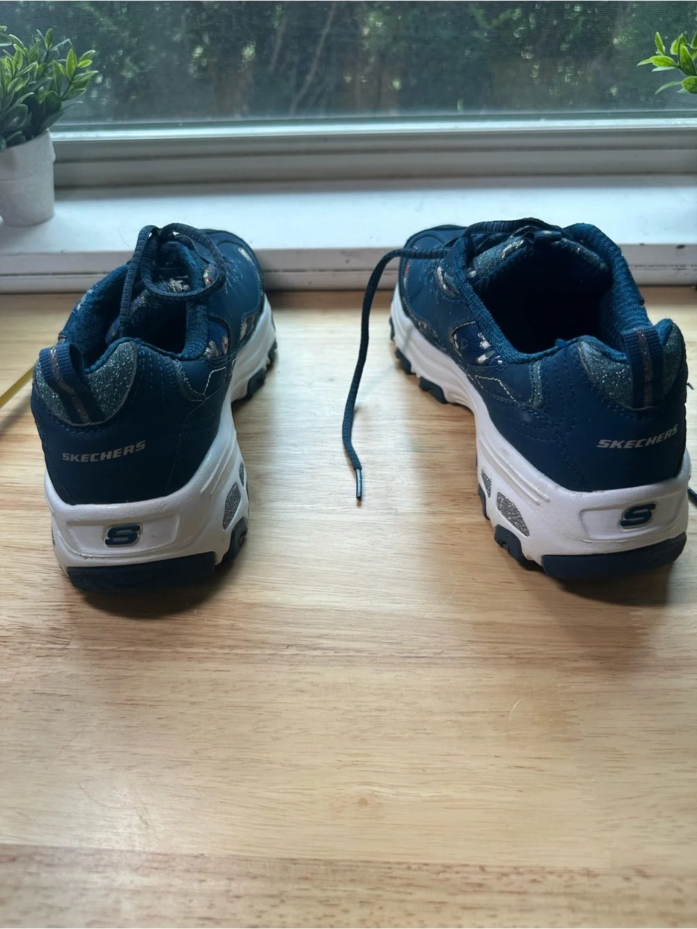Skechers d’lights Navy Blue Floral-Accent Women's Athletic Sneakers tennis shoes